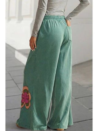 Floral Patch Drawstring Contrast Wide Leg Pants