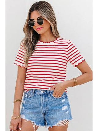 Stripe Scalloped Trim Round Neck T Shirt