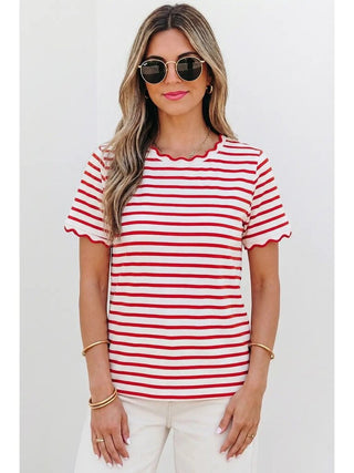 Stripe Scalloped Trim Round Neck T Shirt