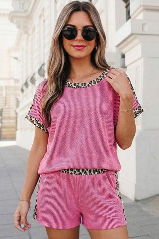 Leopard trim ribbed shorts