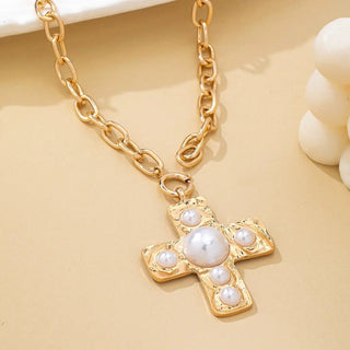 Hammered cross pearl necklace