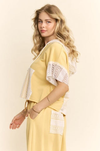 French Terry Hoodie with Lace in Butter Yellow, lace trim detail