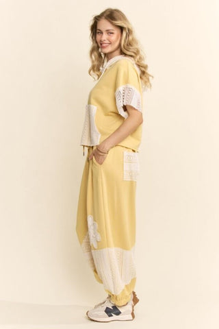 French Terry Joggers with Lace in Butter Yellow, lace trim detail