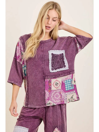 Mineral Washed Rosy Nostalgia Boho Patched Top