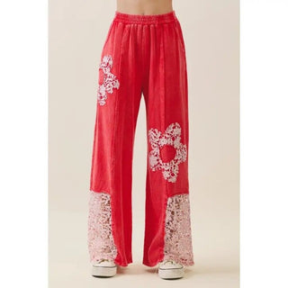 Mineral Washed Flower Crochet Patched Pants