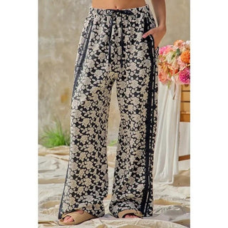 Floral Jacquard Side Lace Trim Elastic Pants