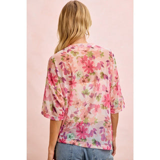 Floral Print Short Sleeves Boxy Mesh Top