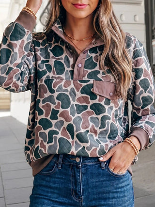 Camo Print Detail Button Pullover Sweatshirt