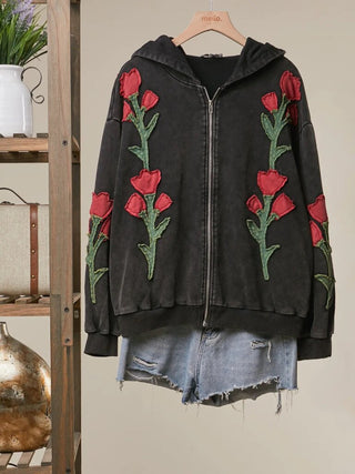 Floral Embroidered Zip-Up Hoodie