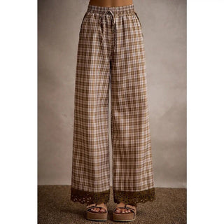 Brown plaid check wide-leg pull-on pants with lace trim at the hem