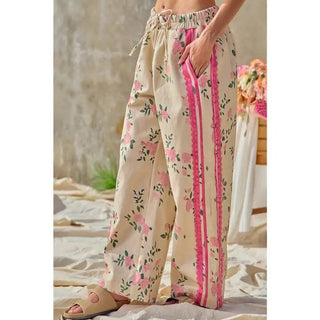 Floral twill side lace pants