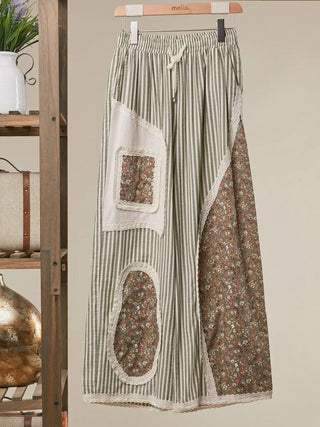 Prairie Stripe Patchwork Wide Pants in green and cream stripes with brown floral patchwork panels