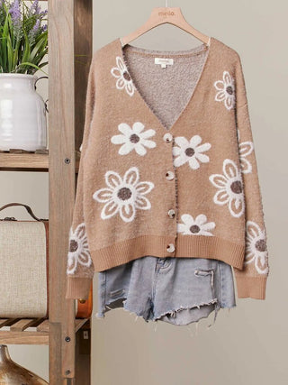 Daisy Patterned Fuzzy Knit Cardigan