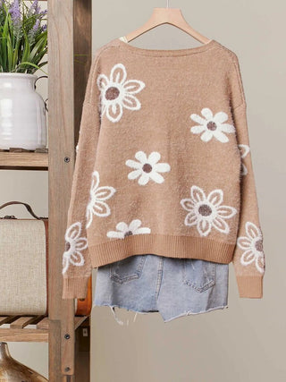 Daisy Patterned Fuzzy Knit Cardigan