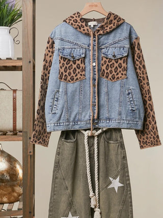 Denim Vest with Animal Print Sleeves and Hoodie