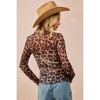 Mesh Leopard Printed Top with Long Sleeves
