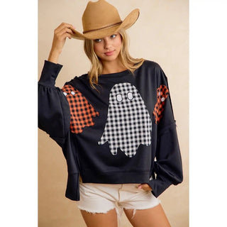 Oversized Plaid Ghost Applique Halloween Sweatshirt
