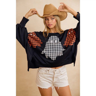 Oversized Plaid Ghost Applique Halloween Sweatshirt