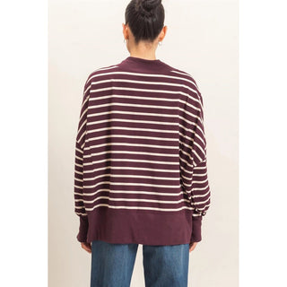 A person shown from the back wearing a long-sleeve striped top in dark burgundy and cream, paired with blue jeans, against a plain light background.