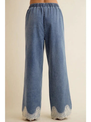 Wide-leg denim pants with elastic drawstring waist and white lace hem, alternate view 2