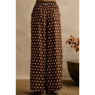 Brown wide-leg pants with cream polka dots and drawstring waist, alternate view 2