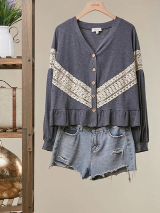 Lace Trim Button-Front Cardigan
