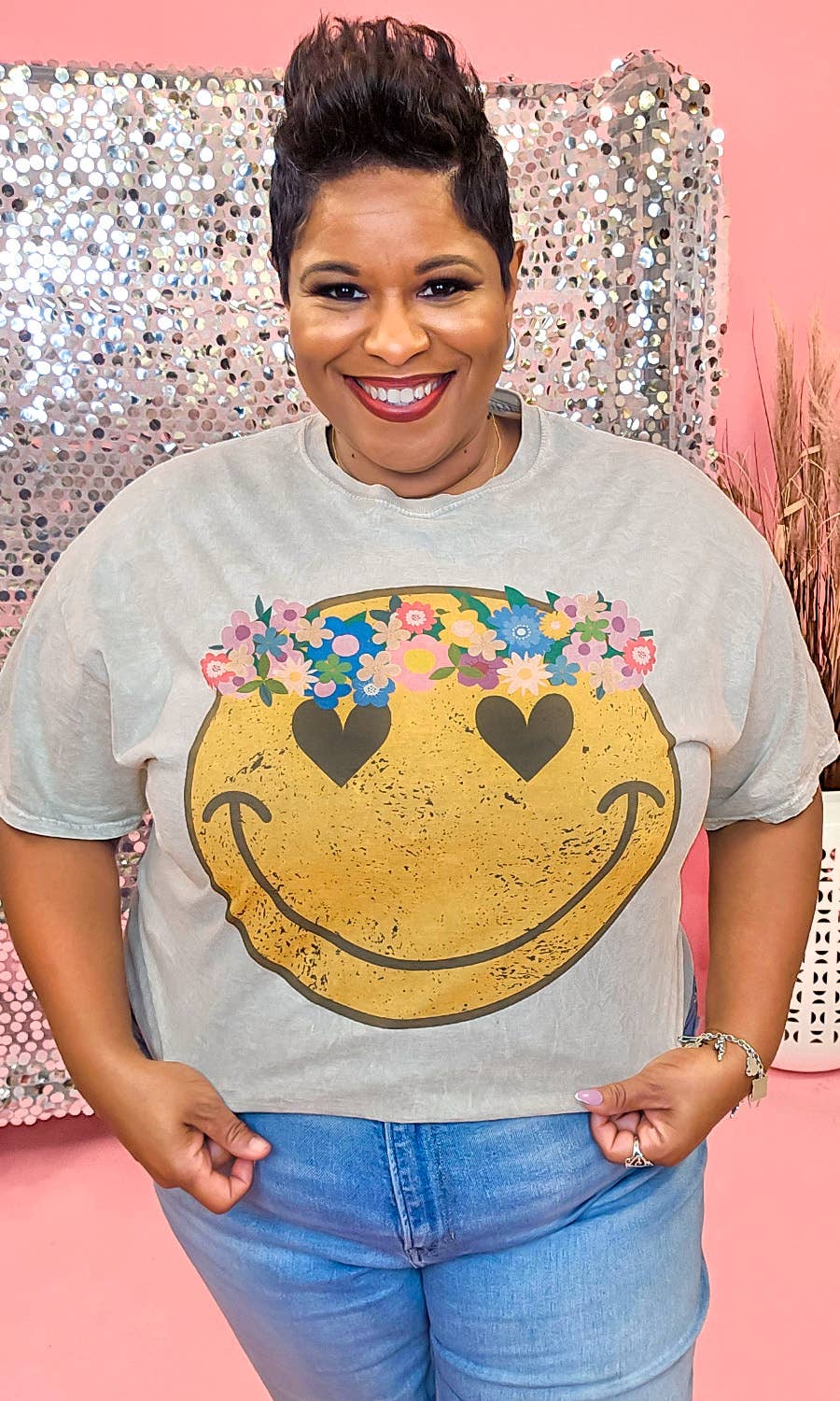Sugar Stitch - Boho Smiley Mineral Washed Taupe Graphic Shirt