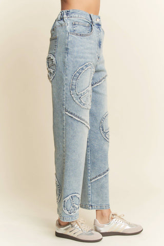 Davi & Dani plus size light denim straight fit stretch pants with peace patch graphic - The White Willow Boutique, Huntington WV