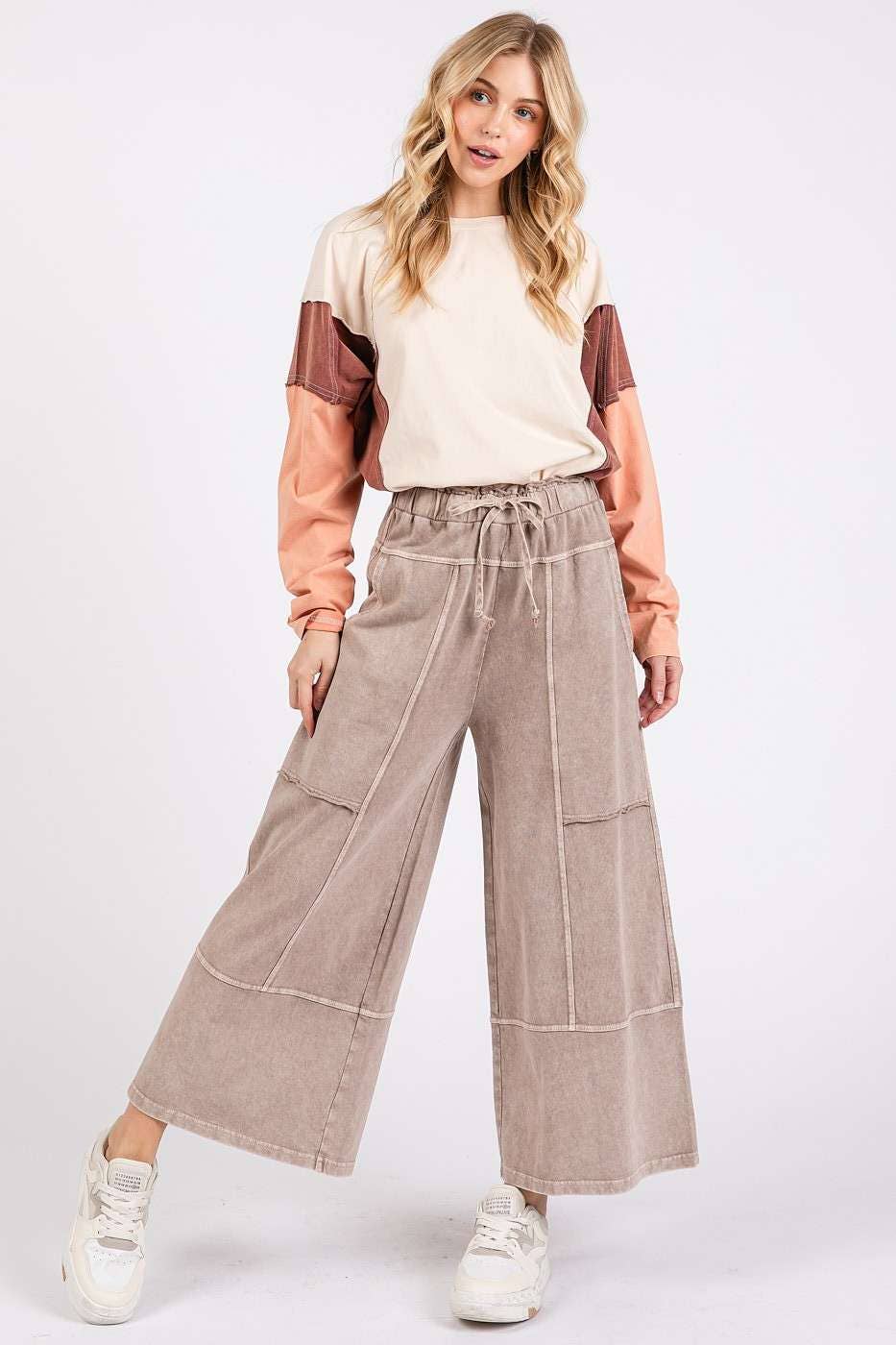 mittoshop - MINERAL WASH SEAM FRENCH TERRY WIDE LEG PANTS