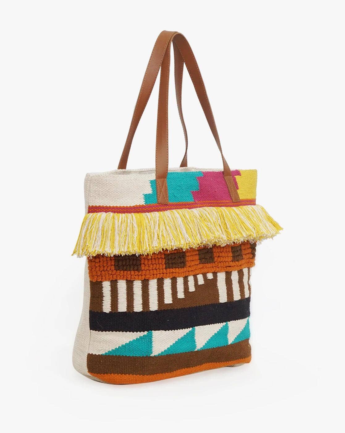 Chloe & Lex - Pitloom Weave Handcrafted Ekat Tote Bag with Fringes