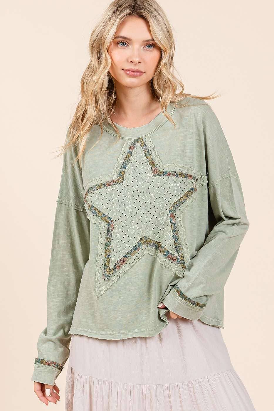mittoshop - MINERAL WASH STAR PATCH LONG SLEEVE TOP