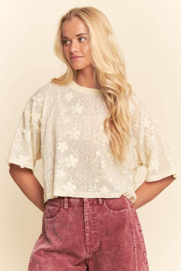 Davi & Dani - FLORAL RUFFLE SHORT SLEEVE BABYDOLL MESH TOP