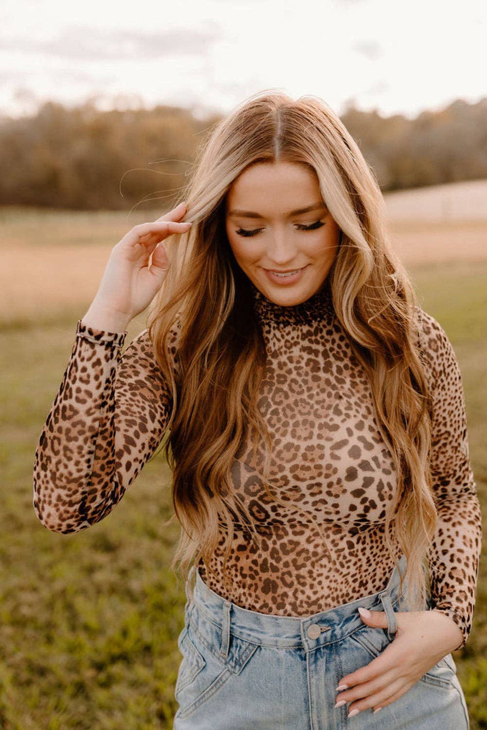 Lovesoft - Brown Leopard Smocked Neck Mesh Long Sleeve Bodysuit