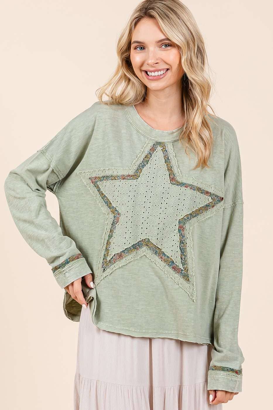 mittoshop - MINERAL WASH STAR PATCH LONG SLEEVE TOP