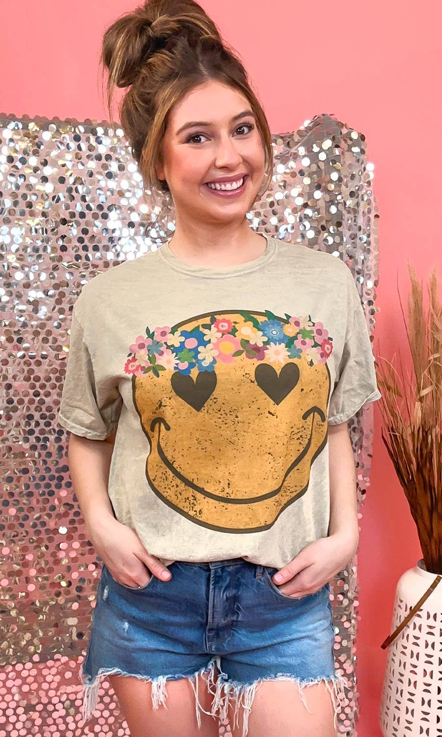 Sugar Stitch - Boho Smiley Mineral Washed Taupe Graphic Shirt
