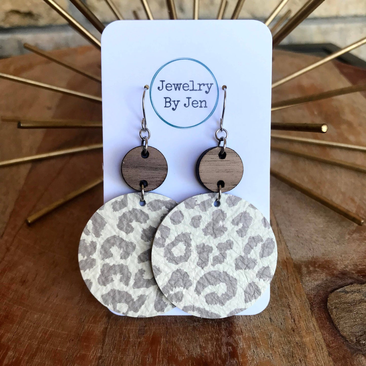 Walnut Round & Cream Cheetah Leather Circle Earrings