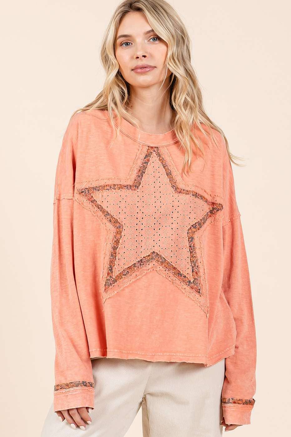 mittoshop - MINERAL WASH STAR PATCH LONG SLEEVE TOP