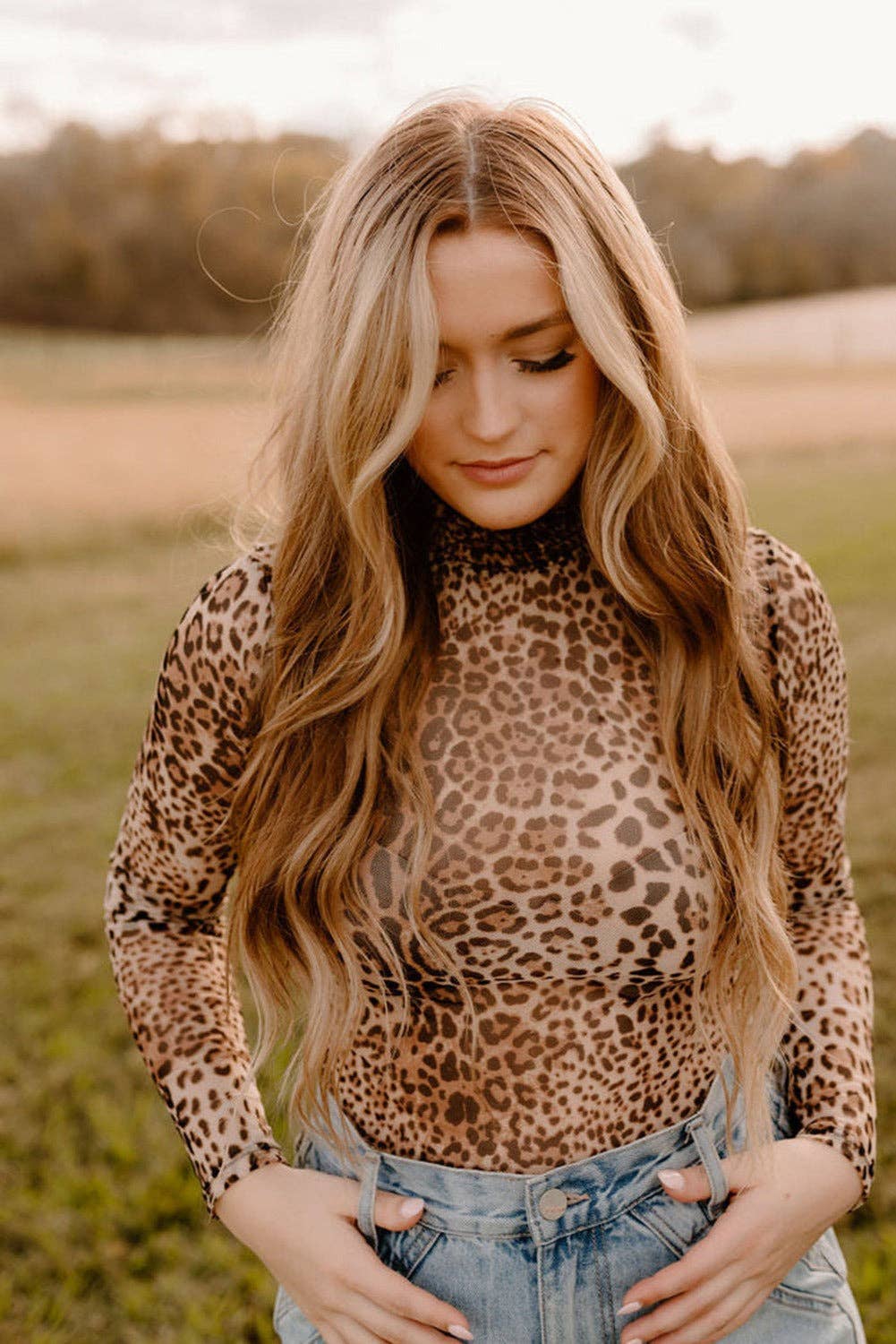 Lovesoft - Brown Leopard Smocked Neck Mesh Long Sleeve Bodysuit