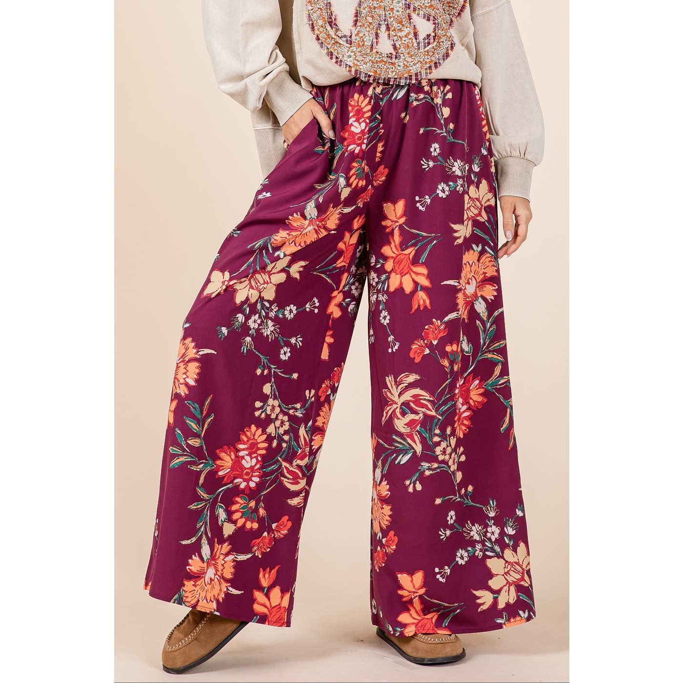 mittoshop - FLOWER PRINT ELASTIC WAIST MID RISE WIDE LEG PANTS