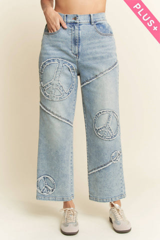 Davi & Dani plus size light denim straight fit stretch pants with peace patch graphic - The White Willow Boutique, Huntington WV