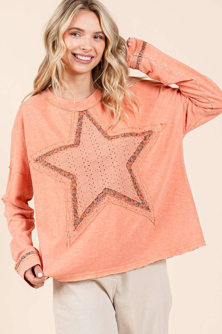 mittoshop - MINERAL WASH STAR PATCH LONG SLEEVE TOP