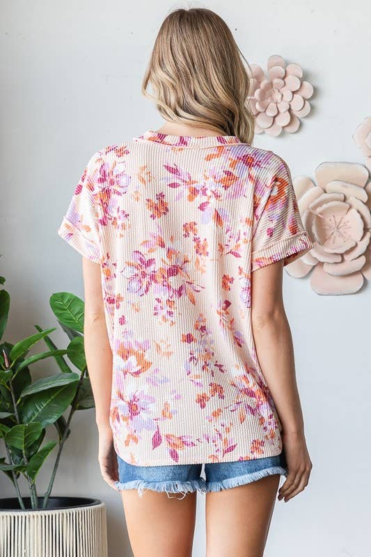 HEIMISH - ET7795-13 SHORT SLEEVE V NECK URBAN RIBBED FLROAL PRINT TOP