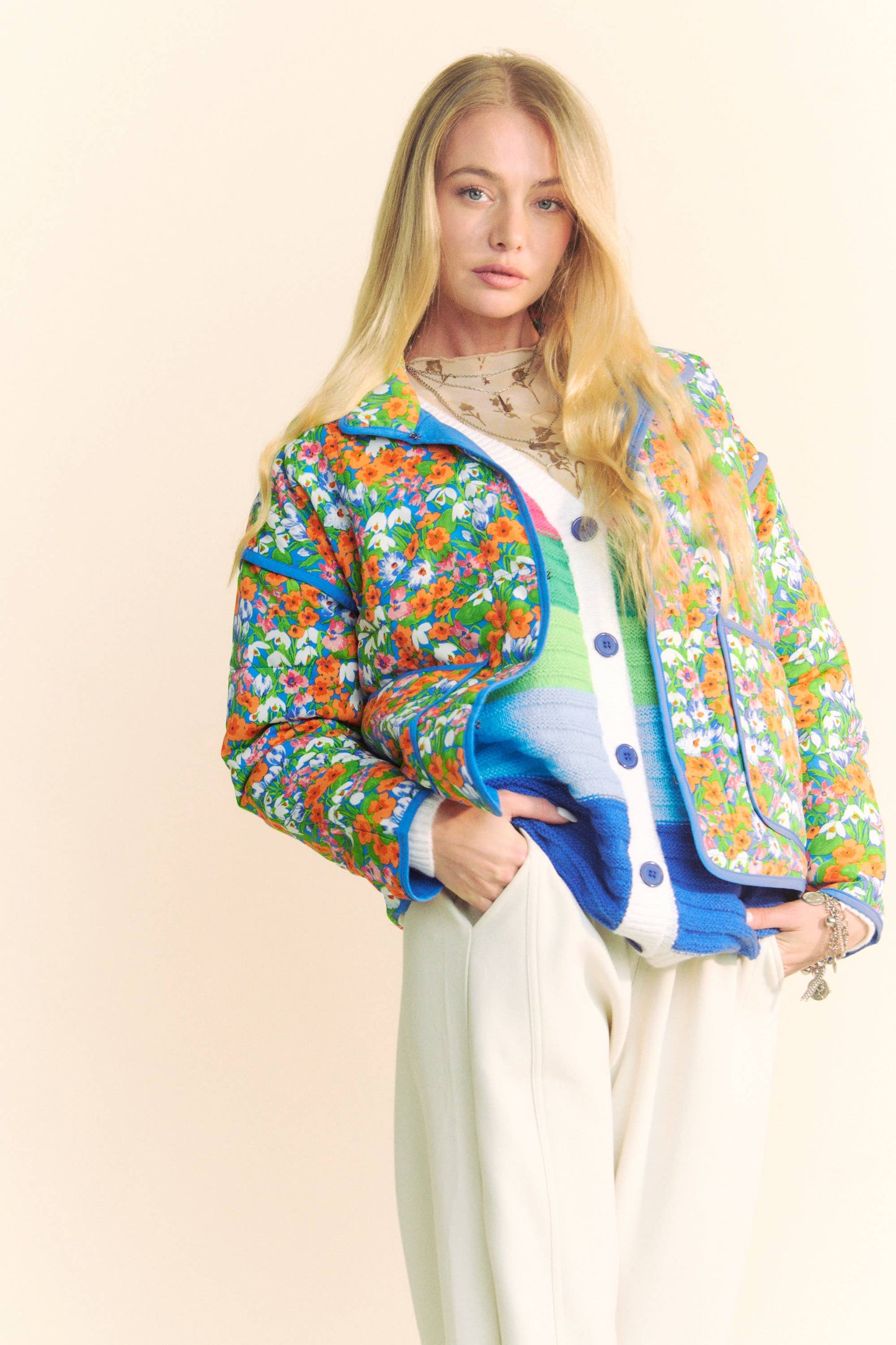 Davi & Dani - RETRO FLORAL PRINT CONTRAST BINDING PADDED JACKET