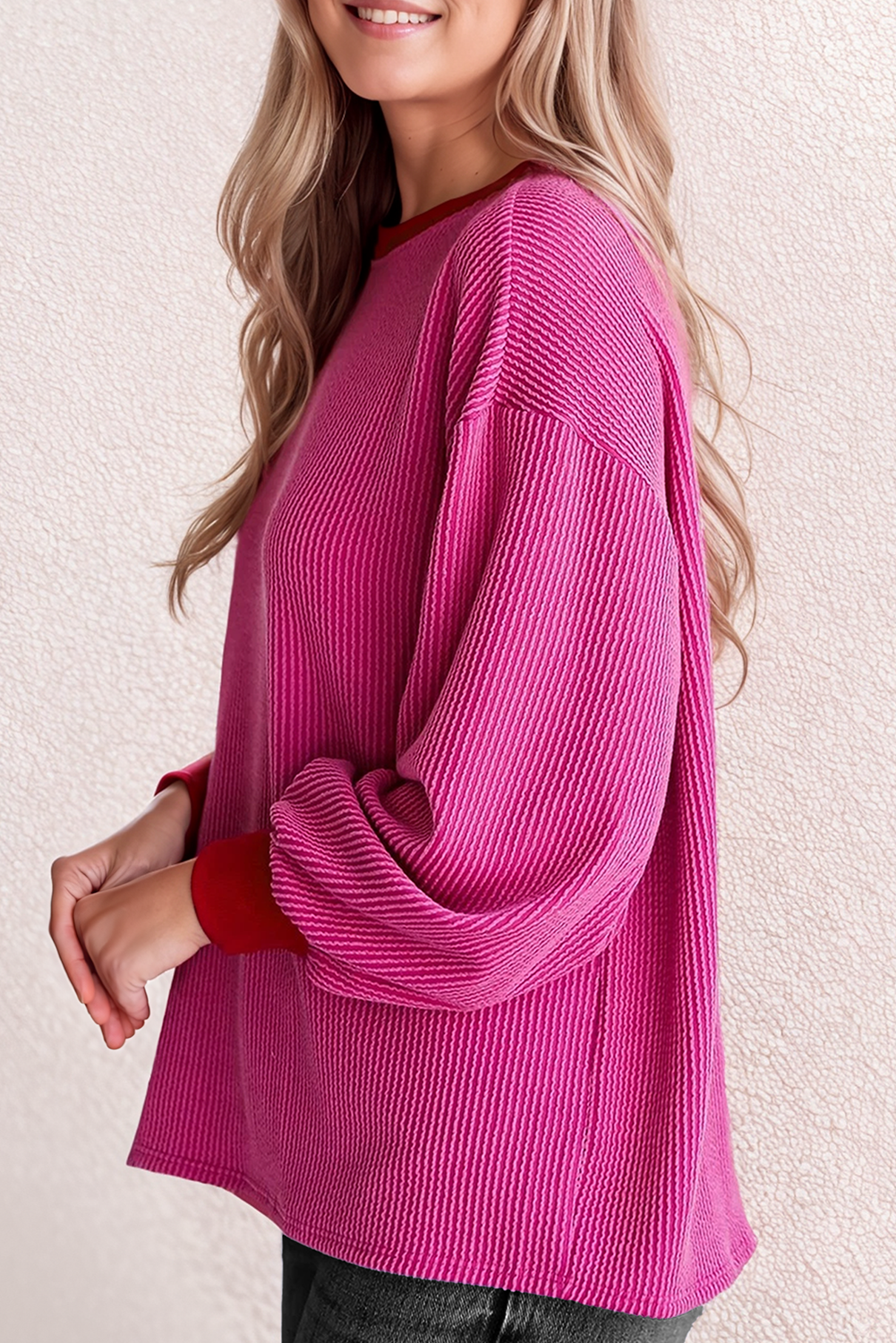 66DISCO - Crewneck Striped Corded Contrast Drop Shoulder Top (S-XL)