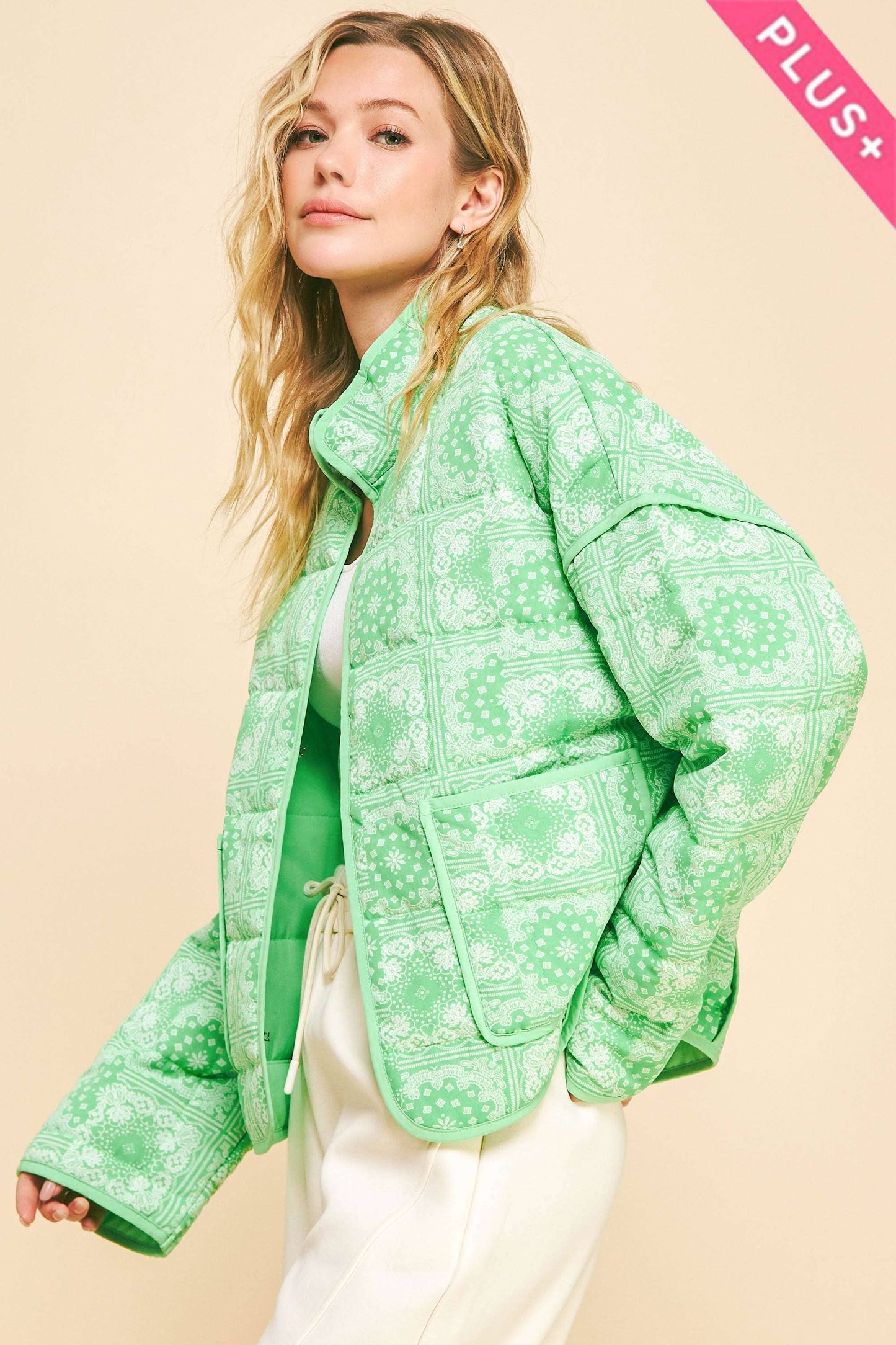 Davi & Dani - PLUS QUILTED BANDANA HIGH NECK LOOSE FIT JACKET
