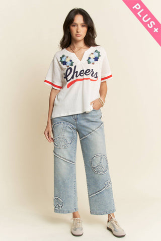 Davi & Dani plus size light denim straight fit stretch pants with peace patch graphic - The White Willow Boutique, Huntington WV