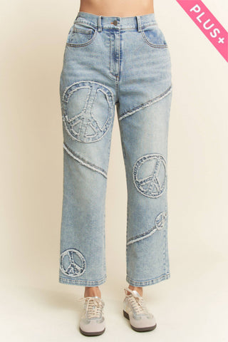 Davi & Dani plus size light denim straight fit stretch pants with peace patch graphic - The White Willow Boutique, Huntington WV
