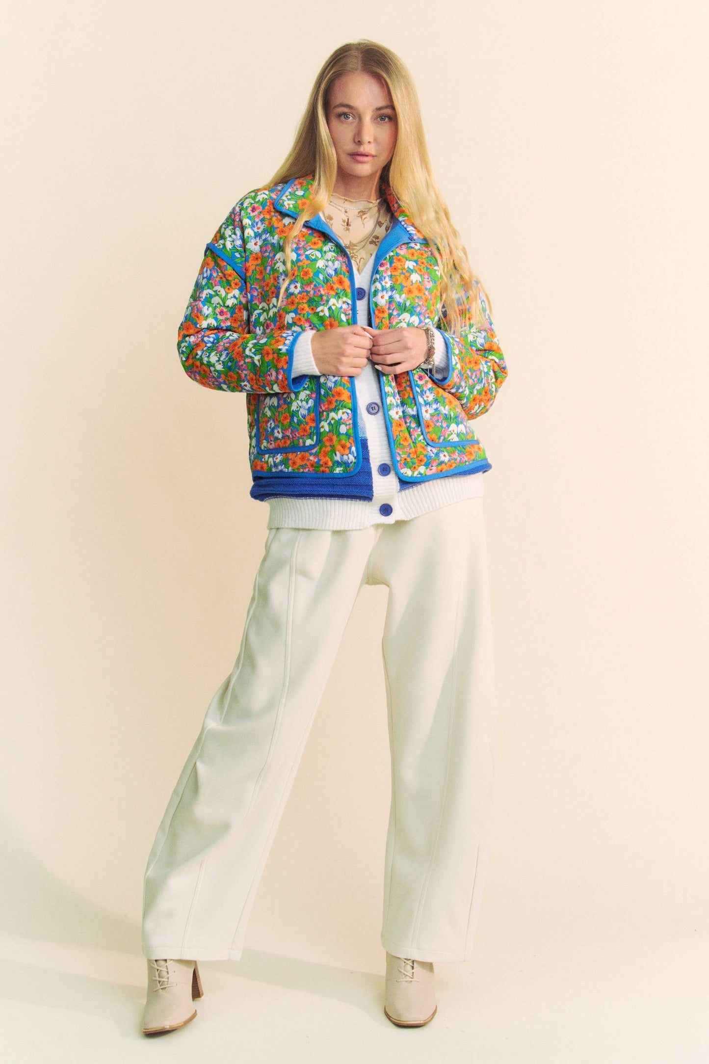 Davi & Dani - RETRO FLORAL PRINT CONTRAST BINDING PADDED JACKET