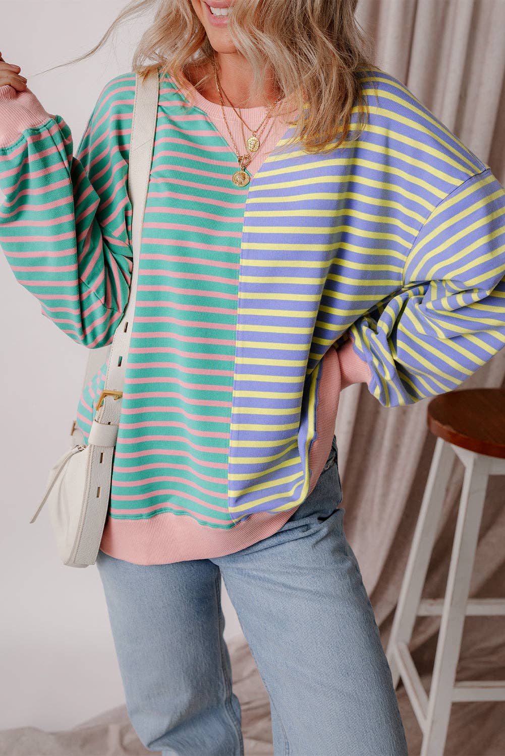 Lovesoft - Casual Stripe Colorblock Drop Shoulder Oversize Sweatshirt