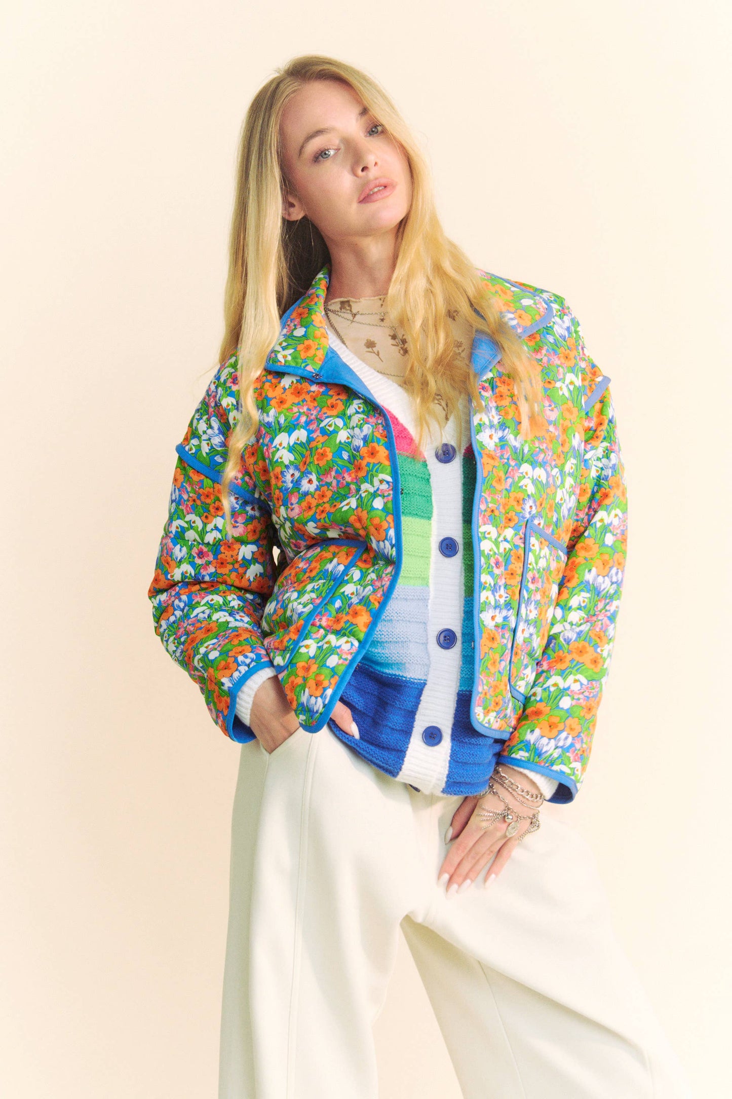 Davi & Dani - RETRO FLORAL PRINT CONTRAST BINDING PADDED JACKET